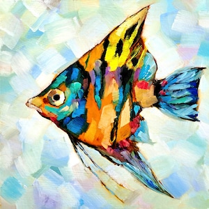 Angelfish Painting Fish Original Art Animal Oil Painting  Small Wall Art 10" by 10"