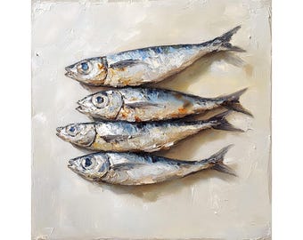 Sardine Fish Still Life Oil Painting Sardines Art on Canvas Kitchen Wall Decor Nautical Artwork Rustic Culinary Gift by ArtSenya