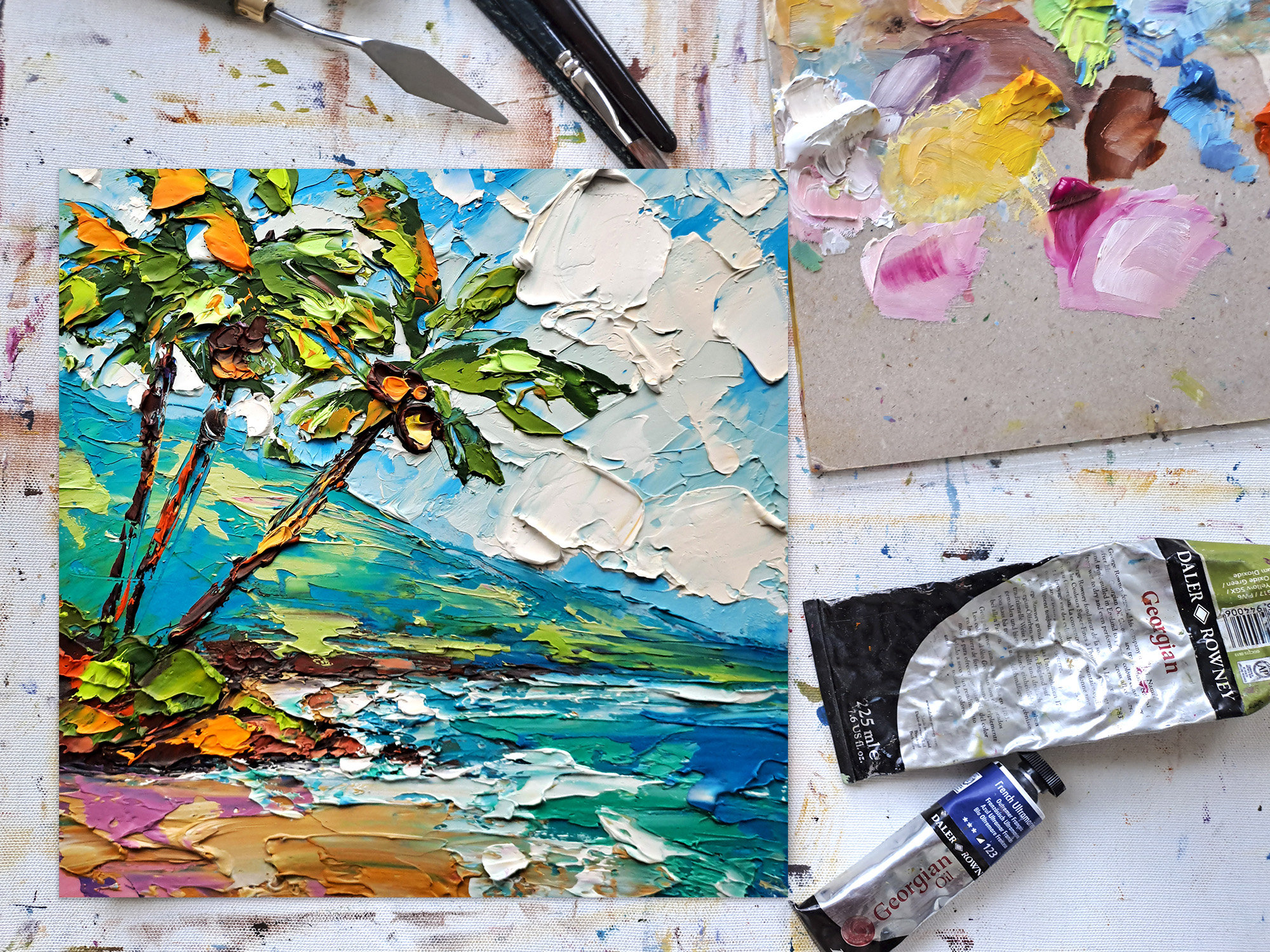 Hawaii Oil Painting Palm Trees Original Fine Art Seascape Impasto Oil ...