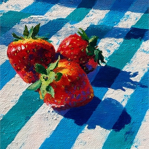 Strawberry Oil Painting Summer Fruit Wall Art Realistic Food Painting on Canvas Bright Kitchen Decor Gift for Food Lovers by ArtSenya