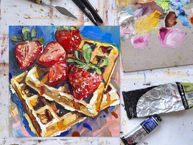 Waffles Painting on Canvas Strawberry Original Canvas Fine Art Food