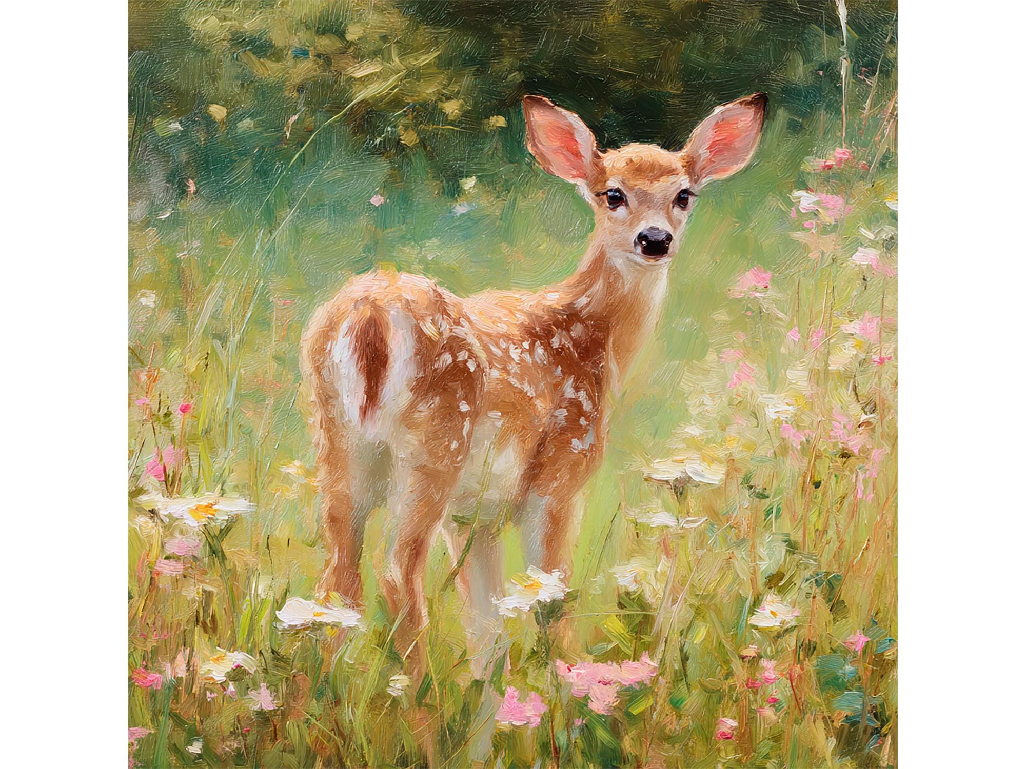 野花の中の子鹿の油絵：森の鹿の素朴な壁アート - Etsy 日本