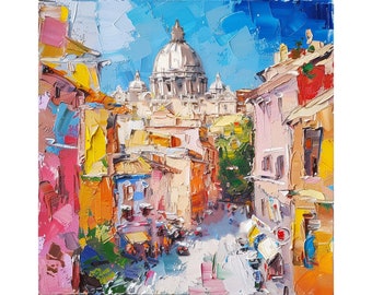 Dipinto di paesaggio urbano di Roma: opera d'arte ad olio impasto di città italiana, regalo da viaggio