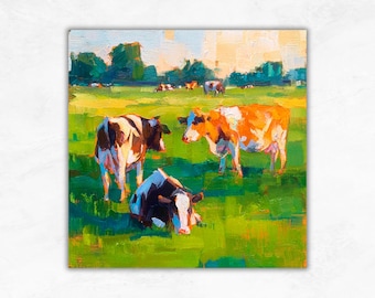 Cow Large Canvas Painting Farmhouse Wall Art Country Pasture Oil Painting Rustic Cows Artwork Green Field Farm Animal Decor by ArtSenya