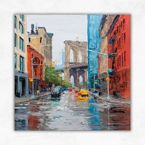 Ponte di Brooklyn, grande dipinto, NYC, Impasto, arte murale, paesaggio urbano di New York, tela, scena di strada piovosa, dipinto a olio urbano, decorazione di ArtSenya