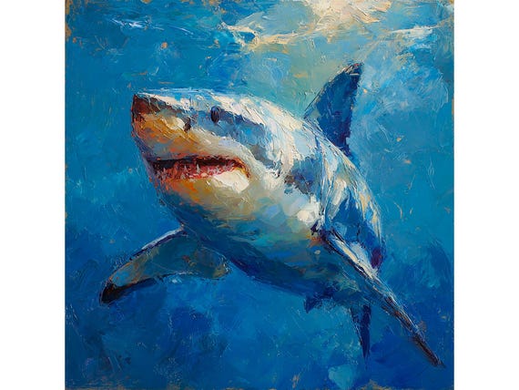 サメの大きな油絵 海洋壁アート ホホジロザメ キャンバス 海洋生物