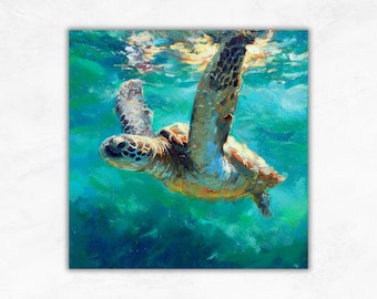 Sea Turtle Oil Painting Underwater Ocean Art Marine Animal Wall Decor Textured Turtle Art by ArtSenya