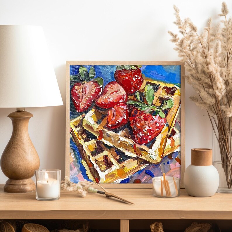 Waffles Painting on Canvas Strawberry Original Canvas Fine Art Food