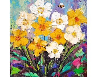 Narcisi fiori pittura a olio ape mellifica arte originale floreale impasto decorazione da parete per la casa di ArtSenya