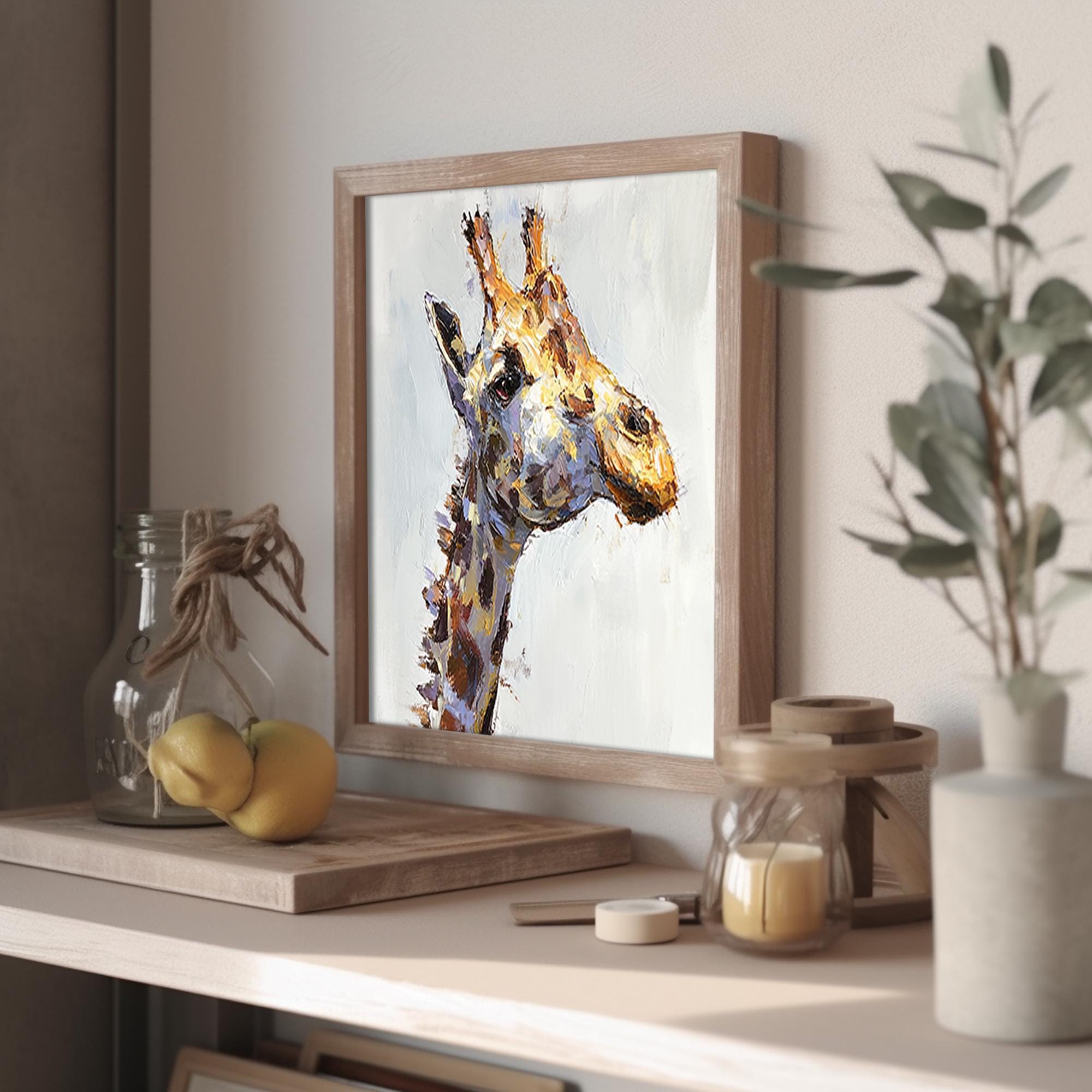 キリンの油絵：インパスト動物アートテクスチャ野生動物壁装飾モダン