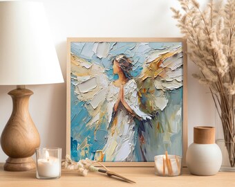 天使の油絵 天使の羽 厚塗り オリジナル ファインアート 女性 天使 壁