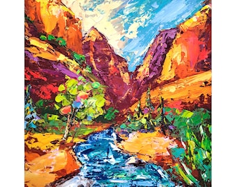 Zion National Park Oil Painting: Utah Landscape Art, Impasto Pine Trees (10x10 inches)