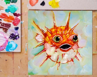 オリジナルフグ油絵：カラフルな水中アート、10x10 - Etsy 日本