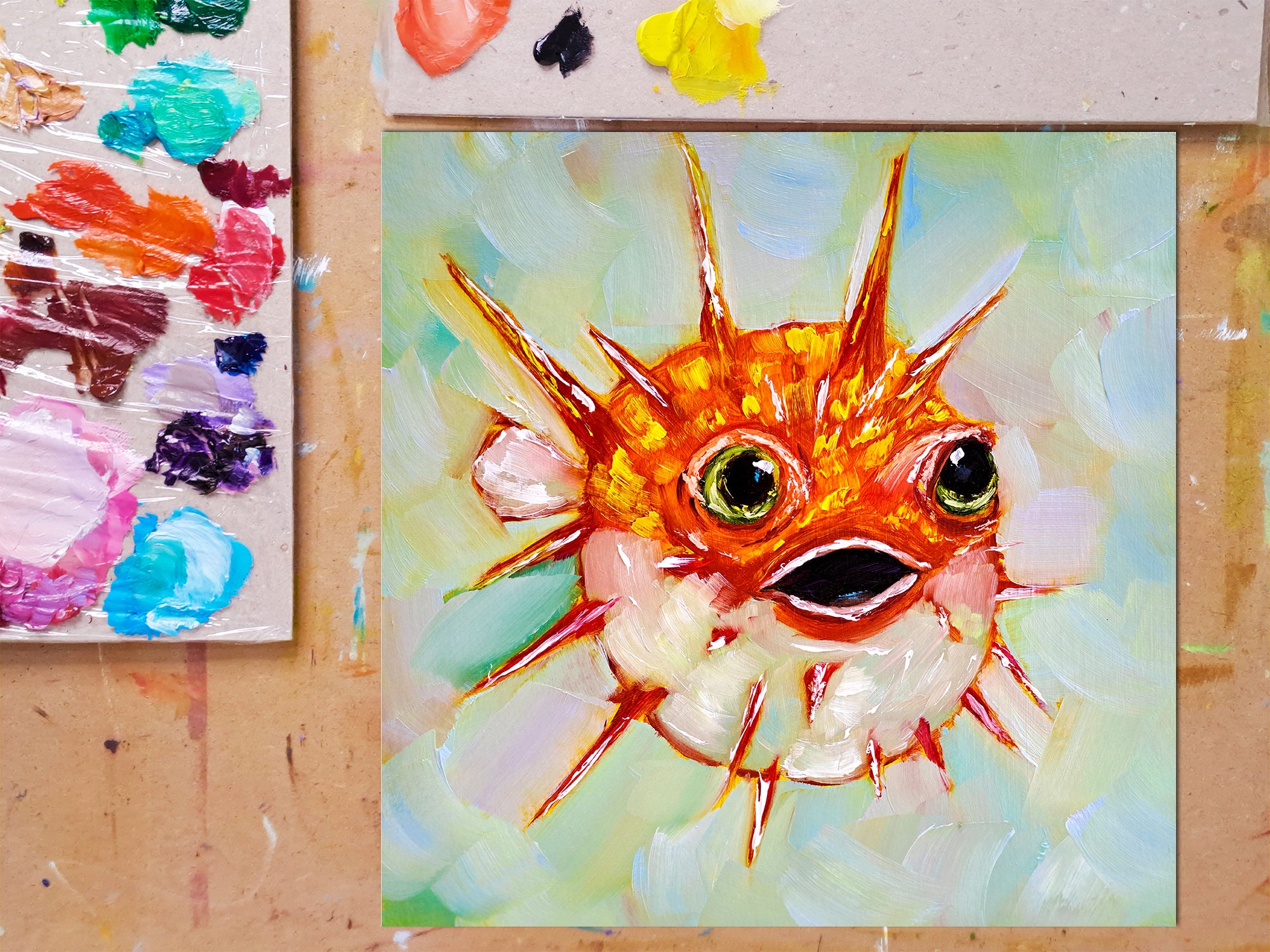 オリジナルフグ油絵：カラフルな水中アート、10x10 - Etsy 日本