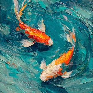 May include: Oil painting of two koi fish swimming in turquoise water. The fish are orange and white, with detailed brushstrokes creating a textured effect. The artwork evokes a sense of tranquility and movement.