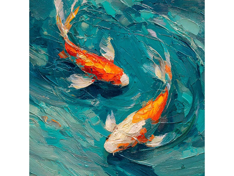 May include: Oil painting of two koi fish swimming in turquoise water. The fish are orange and white, with detailed brushstrokes creating a textured effect. The artwork evokes a sense of tranquility and movement.