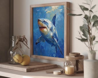 サメの大きな油絵 海洋壁アート ホホジロザメ キャンバス 海洋生物