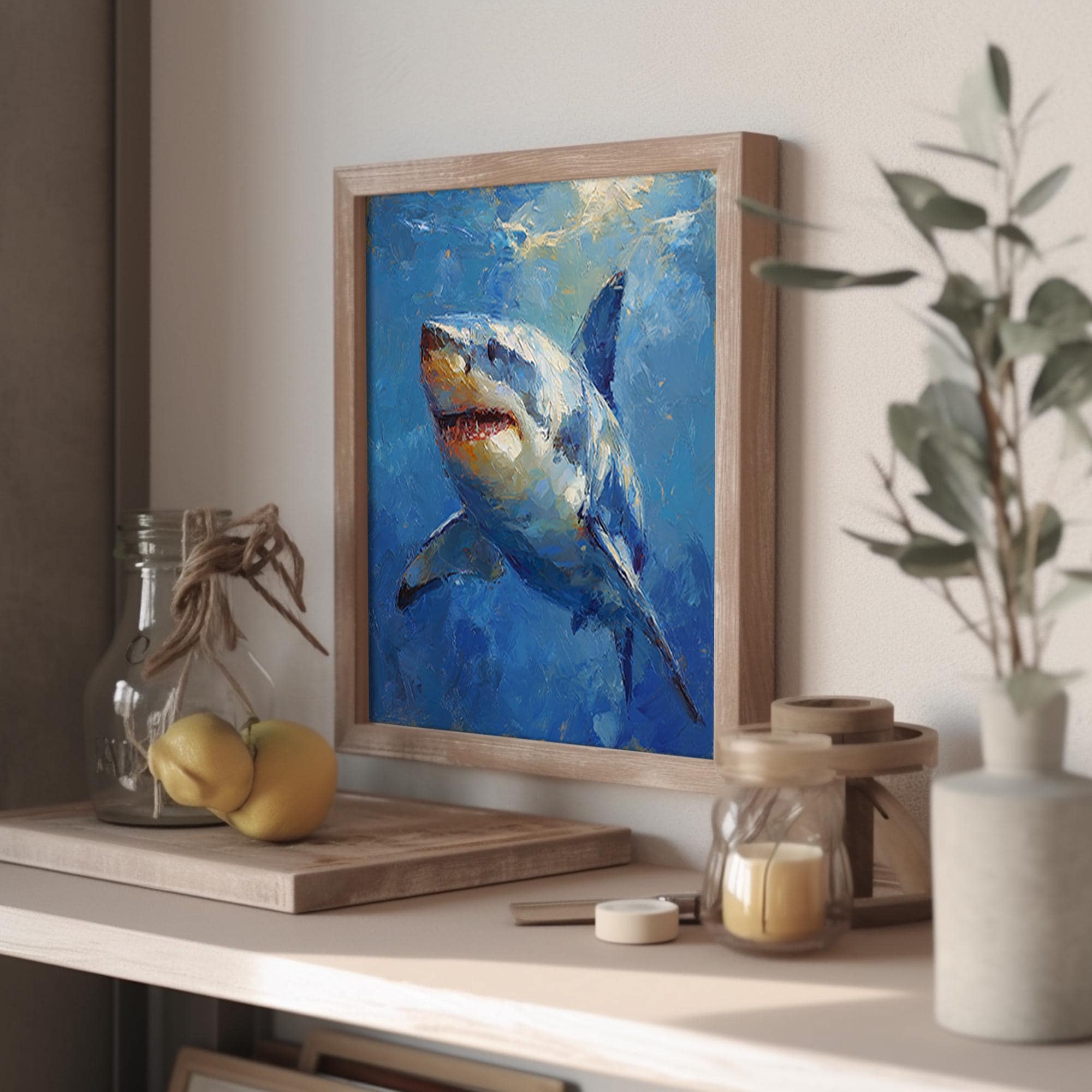 サメの大きな油絵 海洋壁アート ホホジロザメ キャンバス 海洋生物