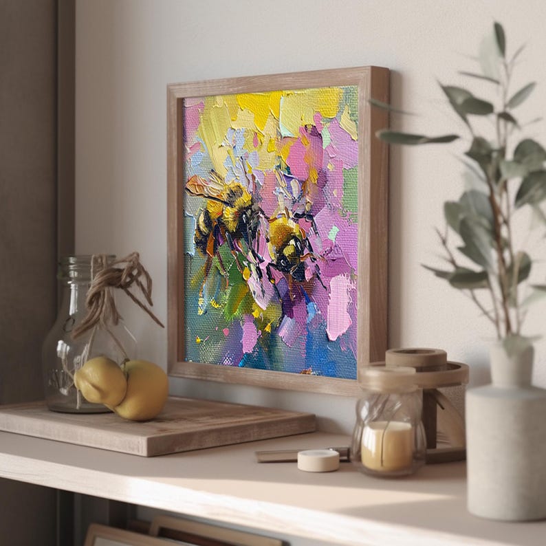 Honeybee Canvas Original Painting Lilac Flowers Brushstroke Painting on