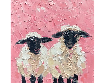 キャンバス油絵 　あり　くるくるカラフルSheep Sheep Painting: Lambs Impasto Oil Artwork, 10x10 In - Etsy Israel