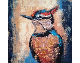 Woodpecker Painting Birds Original Art Animal Impasto Oil Wall Art Gifts for Him by ArtSenya