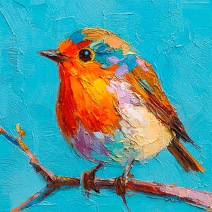 Robin Bird Impasto Oil Painting Bird Wall Art Animal Art Small Bird on Branch Original Oil Artwork by ArtSenya