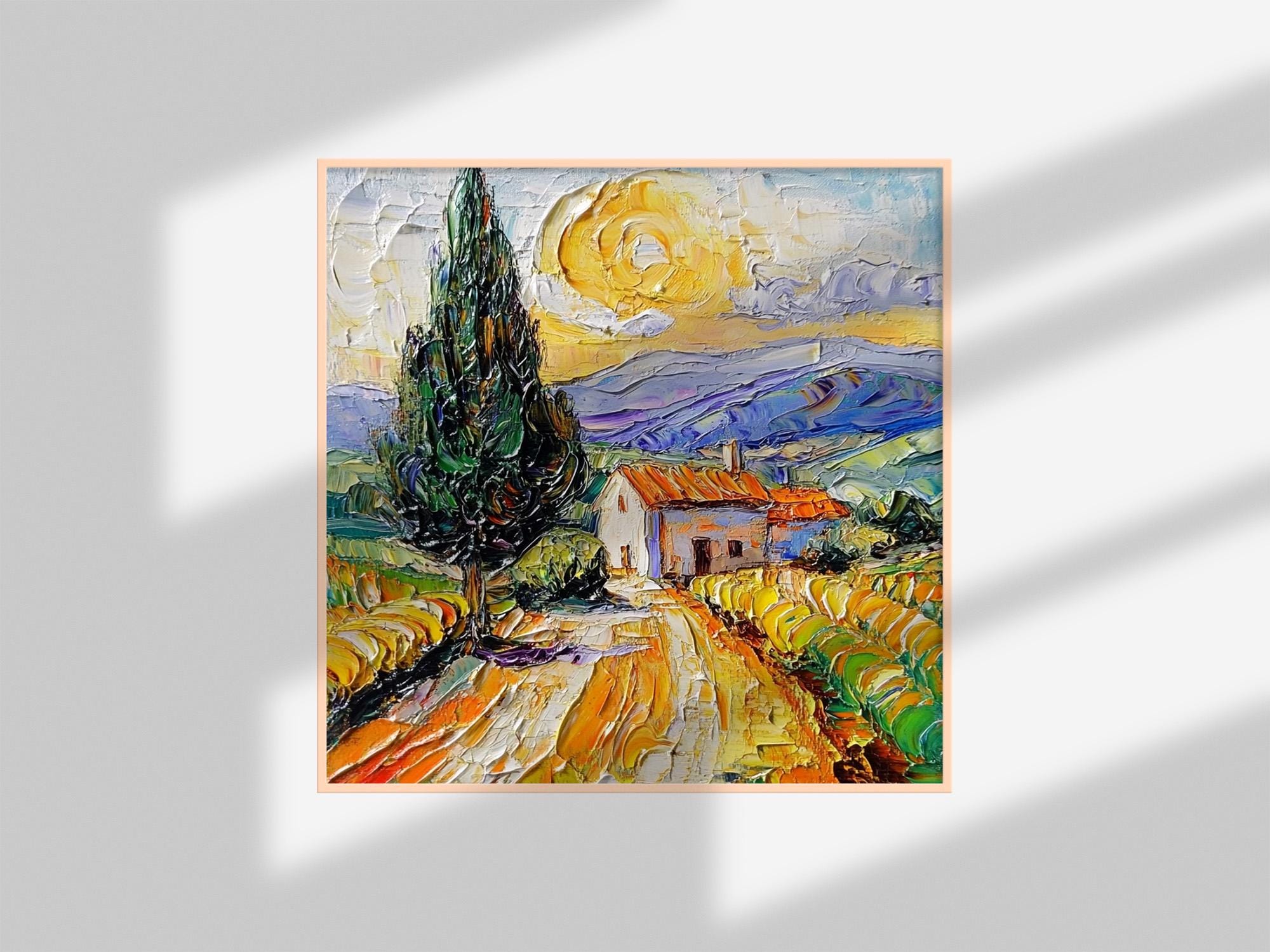 絵画 油絵 トスカーナの絵画：イタリアの田園風景のインパストアート、夕焼けの