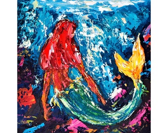 Meerjungfrau Gemälde Unterwasser Original Kunst Fisch Impasto Ölgemälde Meereswandkunst von ArtSenya