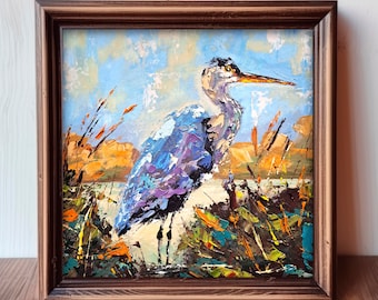 オオアオサギの絵画 沼地の動物 オリジナルアート 鳥 油絵 ArtSenya 作