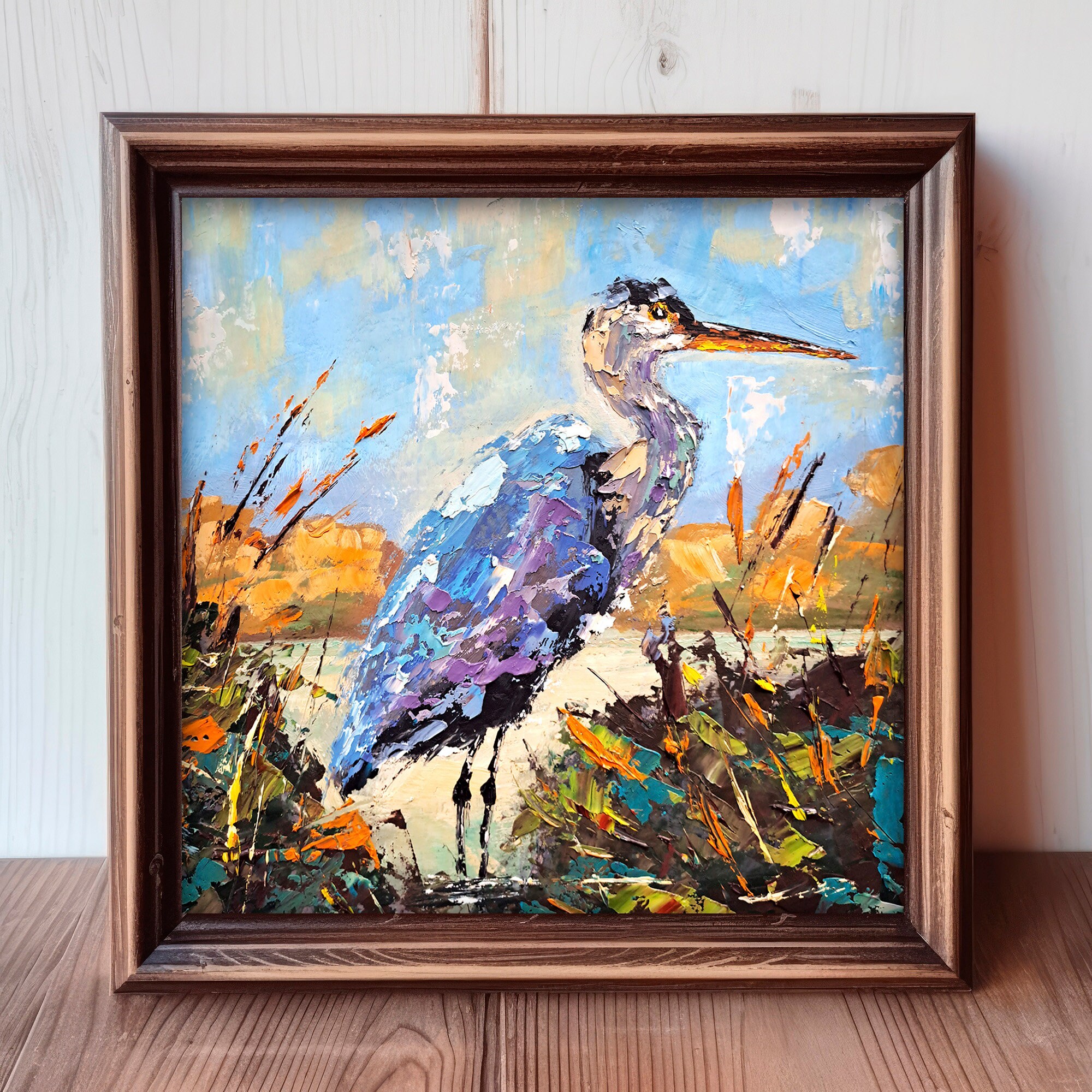 オオアオサギの絵画 沼地の動物 オリジナルアート 鳥 油絵 ArtSenya 作