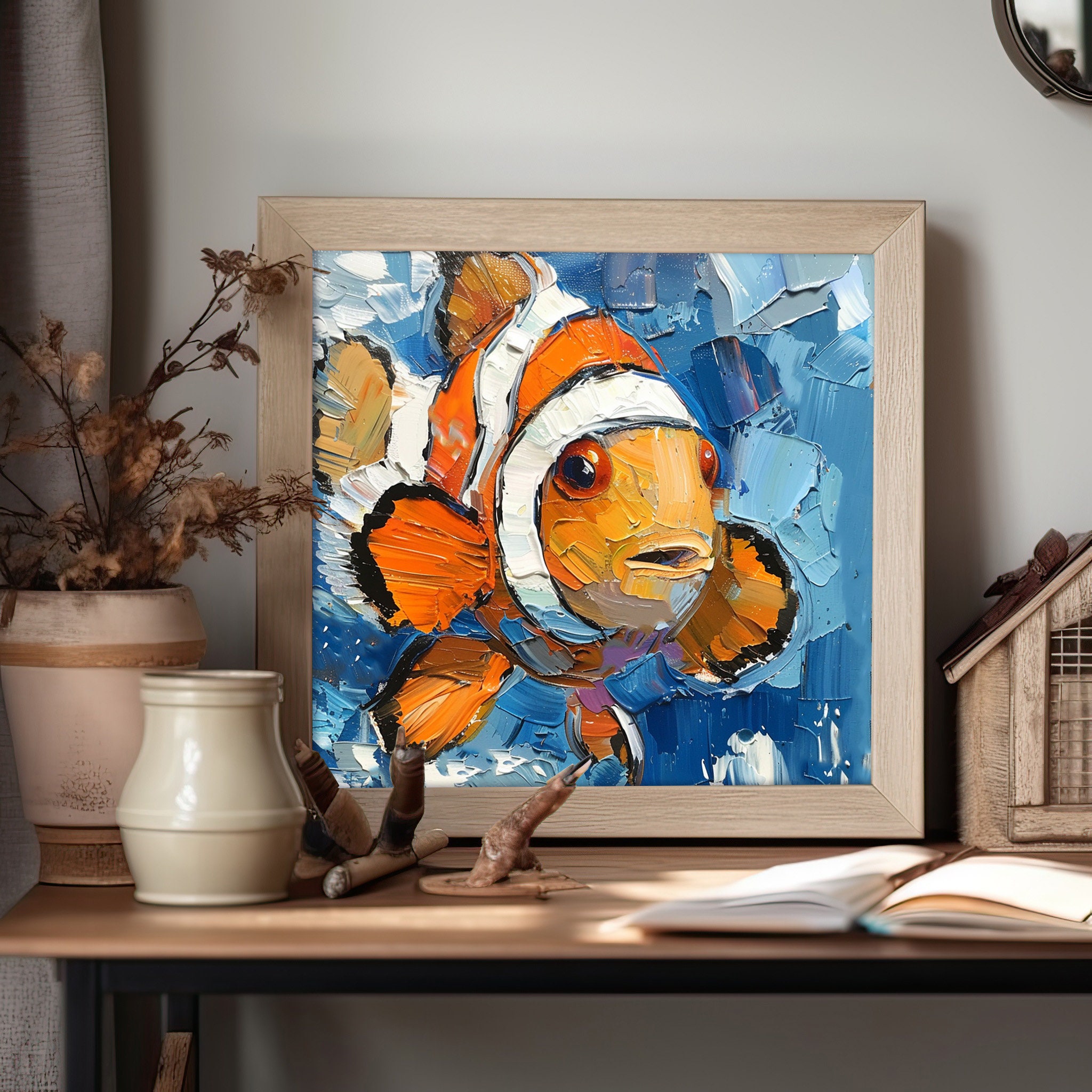 カクレクマノミの油絵：オリジナルインパスト海洋アート（10x10インチ