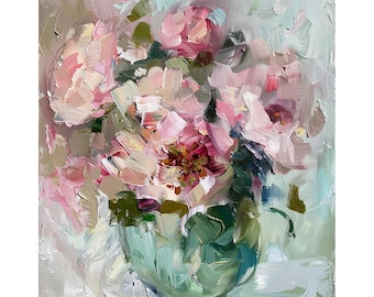 Pioenrozen bloemen olieverfschilderij bloemen penseelstreek canvas kunst pioen bloemen kunst aan de muur decor cadeaus voor haar door ArtSenya