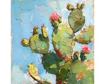 Cactus Painting Arizona Original Art Cactus Flowers Impasto Artwork Spring Gifts for Her by ArtSenya