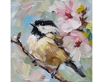 May include: Oil painting of a small bird perched on a branch, surrounded by pink and white blossoms. The bird has a black head, yellow chest, and brown wings. The background features soft brushstrokes in shades of blue, green, and cream.
