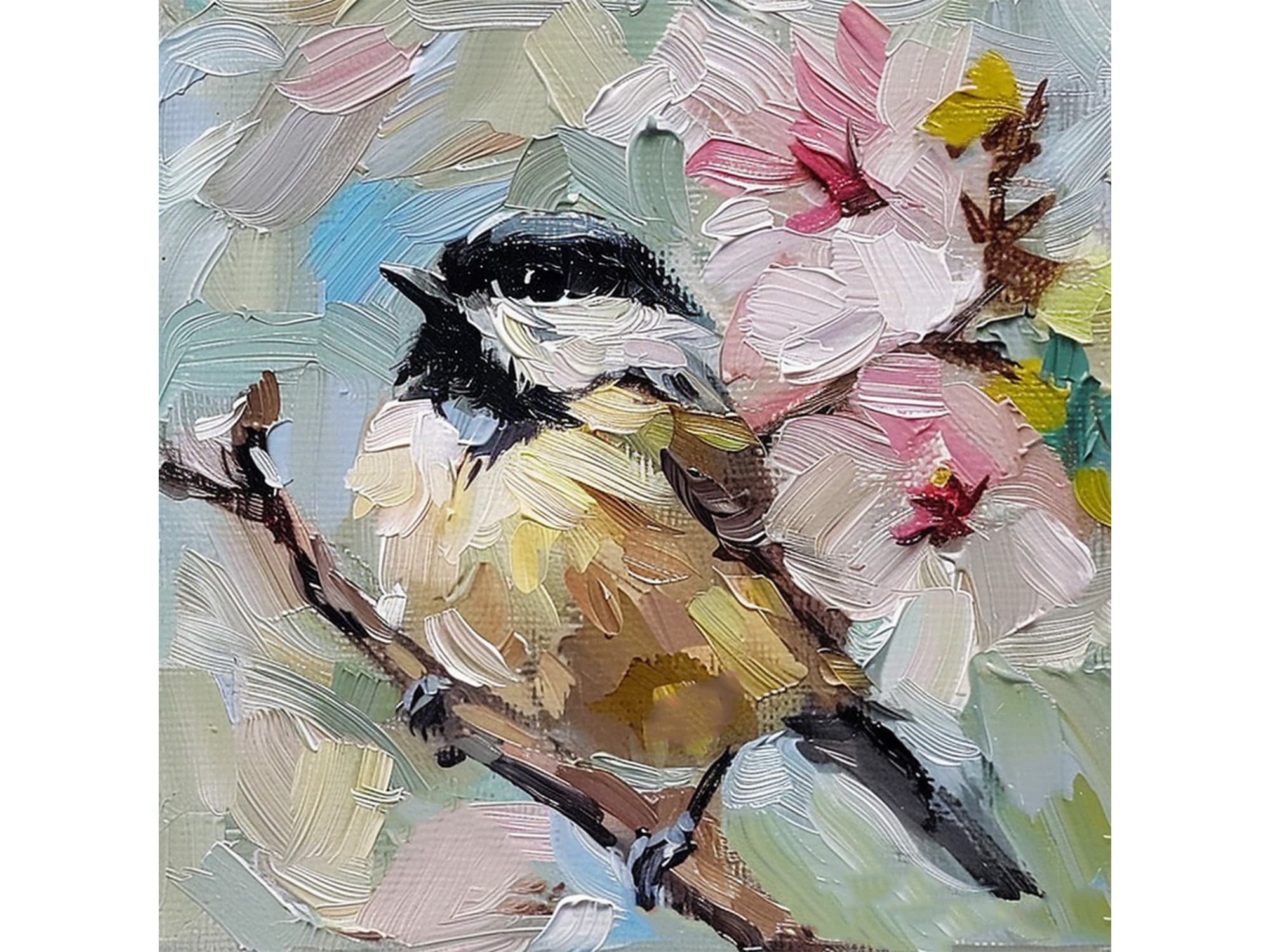 キャンバス油絵　専用品 　丸くなってねようとする鳥 チカディー キャンバス油絵 小鳥 オリジナル絵画 花 キャンバスアート
