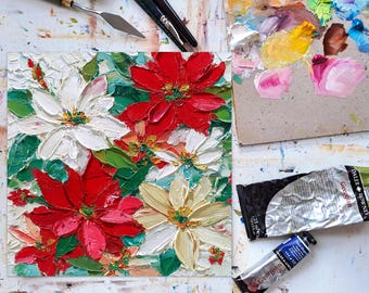 ポインセチアの絵画：クリスマスの花のオリジナル油絵、赤と白の花の