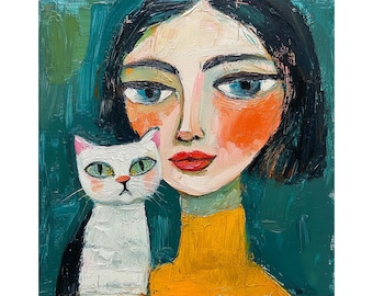 May include: A painting of a woman with dark hair and a yellow turtleneck sweater, looking at a white cat with green eyes. The background is a teal green.