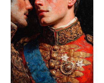 May include: Oil painting of two men in military uniforms. One man is wearing a red jacket with gold embellishments, a blue sash, and a decorative pin. The other man is close to the first, with a dark background.