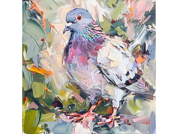 鳩の油絵 鳥 厚塗り オリジナル ファインアート 動物 壁アート 装飾