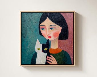 Woman With Cat Original Large Oil Painting Whimsical Portrait Wall Art Folk Style Decor