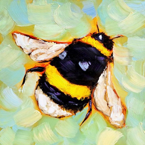 Bee Oil Painting Animal Original Art Honeybee Artwork Insect Wall Art 10" by 10" Wall Art Decor for Home Gifts by ArtSenya