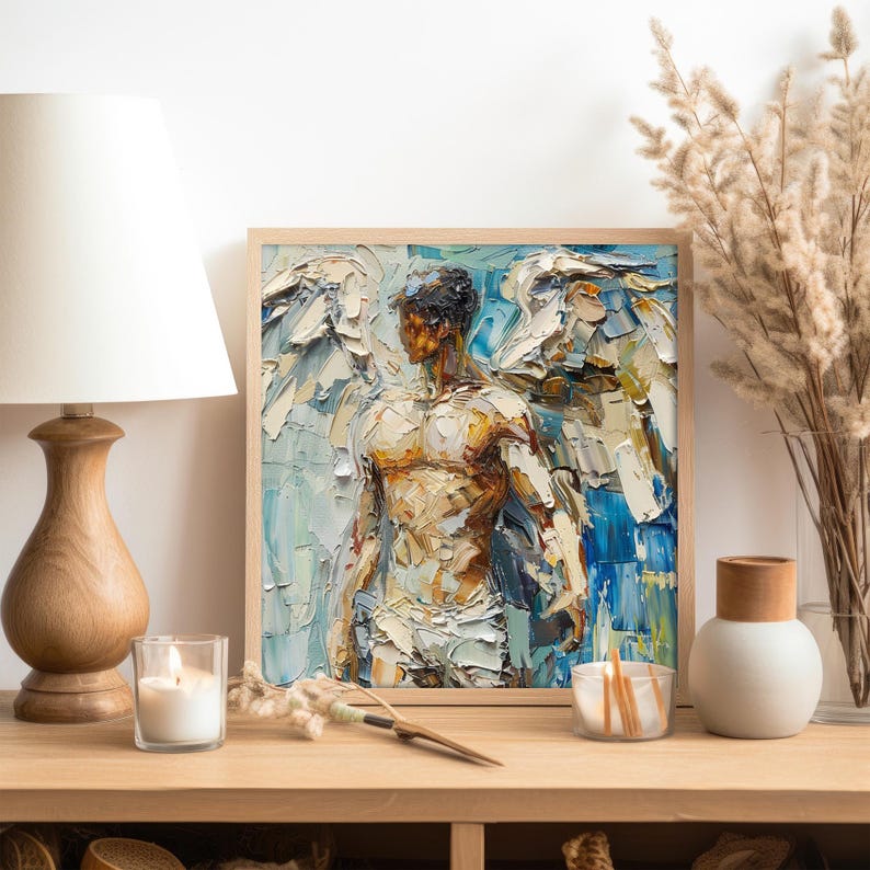 Angel Male Body Impasto Original Large Painting on Canvas Angel Wings