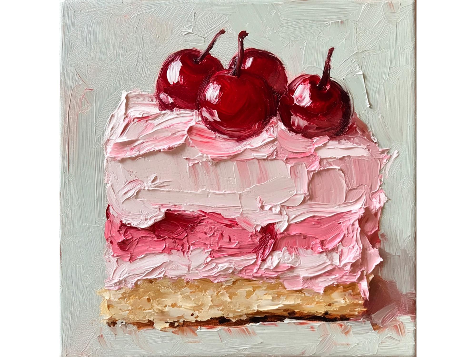 チェリーチーズケーキの絵画：オリジナルの食べ物の油絵、キッチンの壁