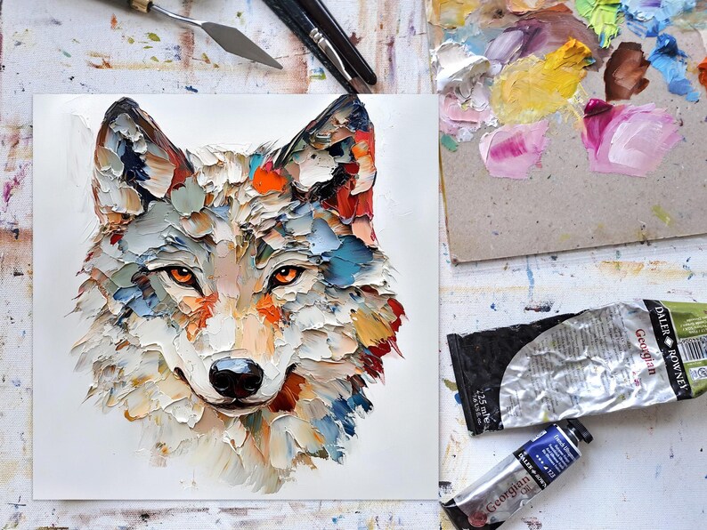 May include: A colorful oil painting of a wolf's head. The artwork features textured brushstrokes in shades of white, blue, orange, and red. The wolf has orange eyes and a black nose. Art supplies, including paint tubes and a palette, are visible.