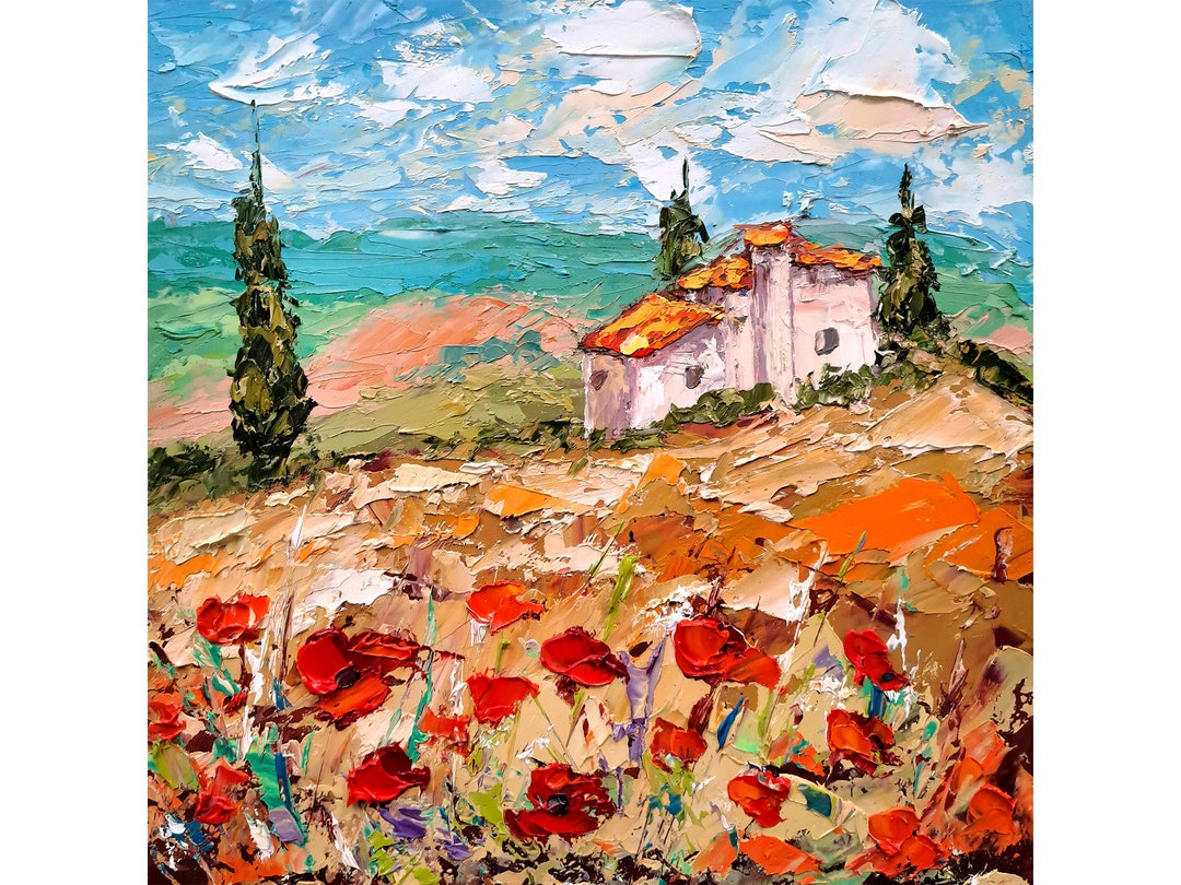Tuscany Painting Italy Countryside Original Art Poppy Fields