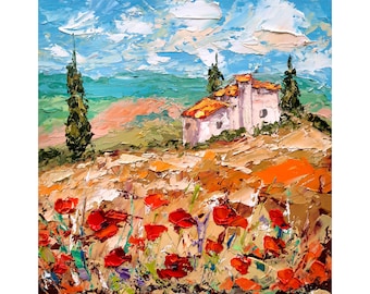 May include: A painting of a white house with a red roof in a field of red poppies. The house is surrounded by green trees and hills. The sky is blue with white clouds.