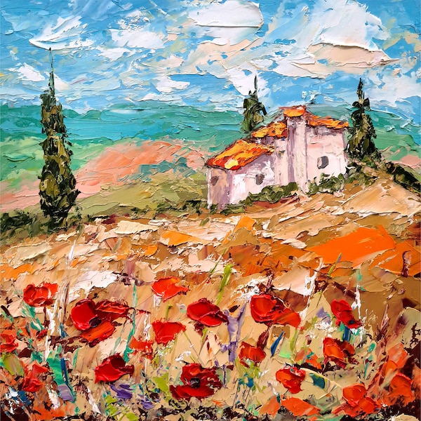 Tuscany Painting Italy Countryside Original Art Poppy Fields Impasto Oil Painting