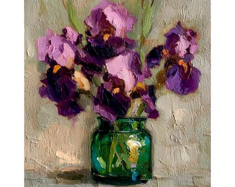 Impasto Purple Iris Oil Painting: Textured Floral Still Life Art