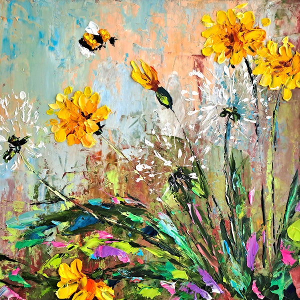 Honeybee Painting Dandelion Original Art Floral Impasto Oil Painting Flowers Wall Art by ArtSenya
