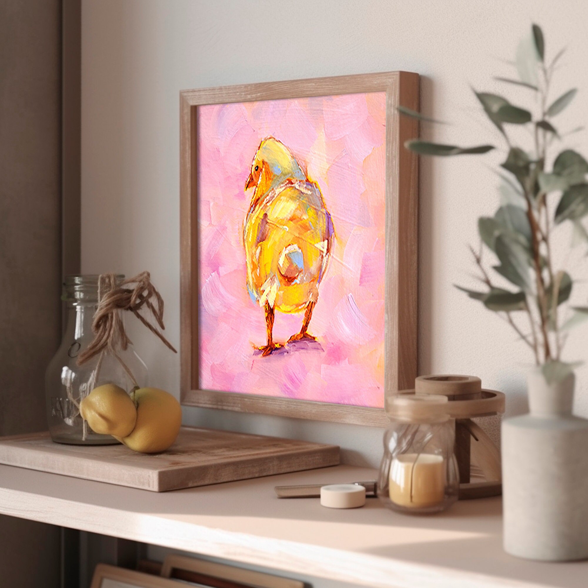ひよこと卵の油絵 ひよこの油絵：ArtSenyaによるオリジナルの農場動物アート、鳥の壁